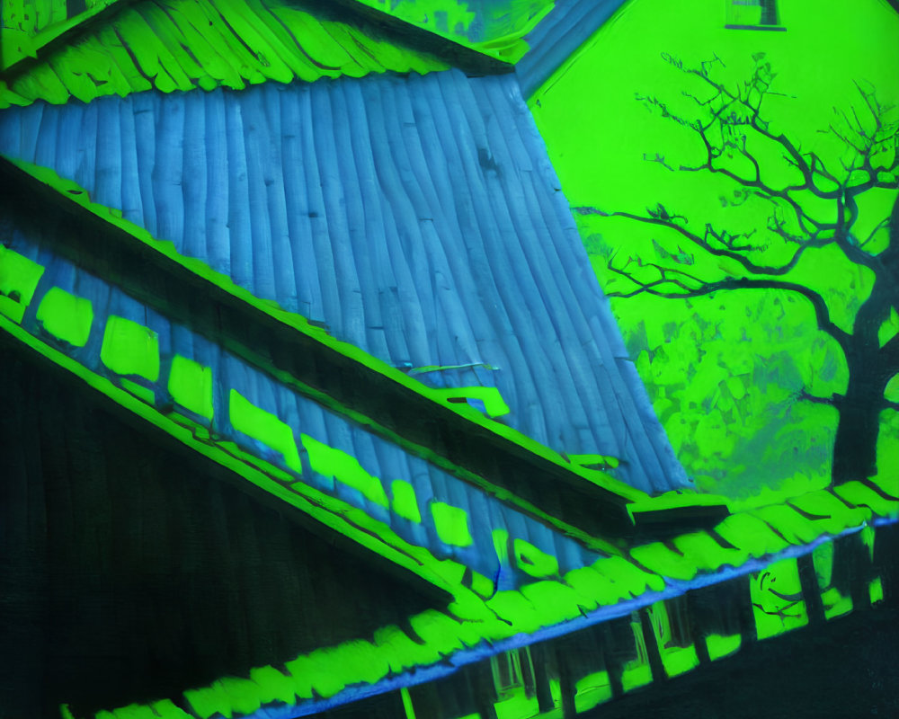 Eerie neon green lighting on traditional house with blue roof and barren tree.