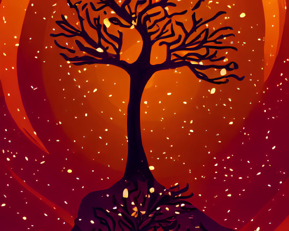 Illustration of leafless tree against red-orange backdrop with scattered dots.