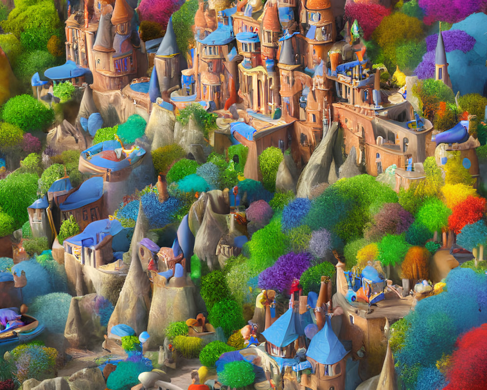 Colorful Fairy Tale Landscape with Whimsical Castles and Tiny Figures