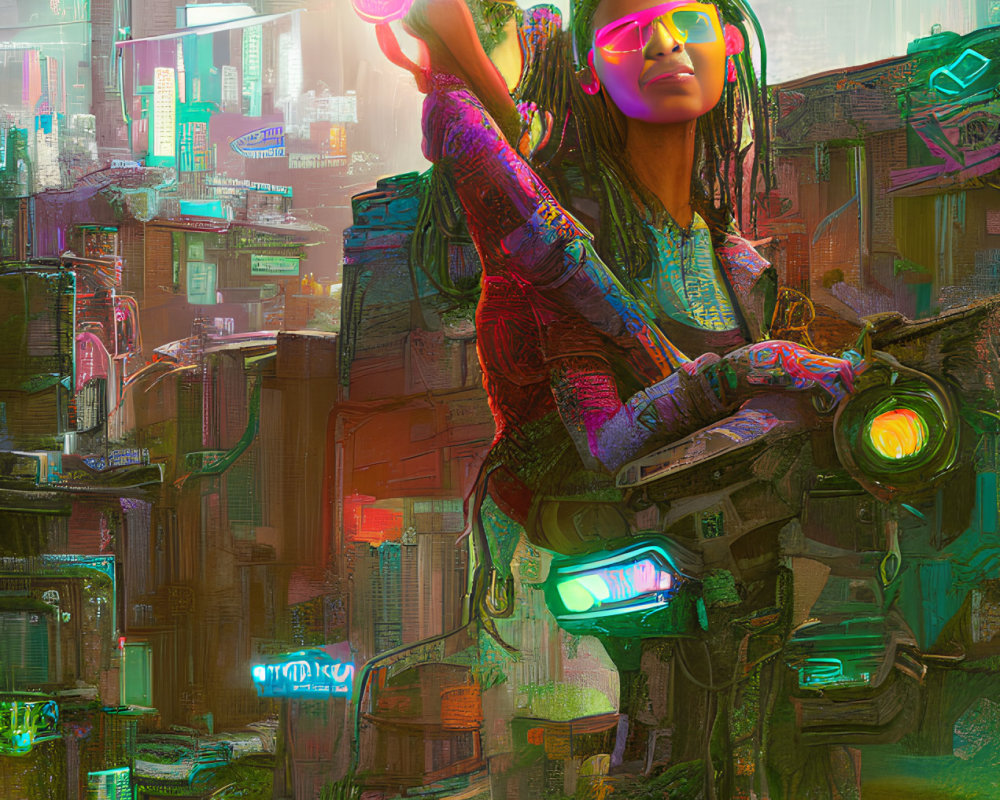 Futuristic attire in neon-lit cyberpunk cityscape