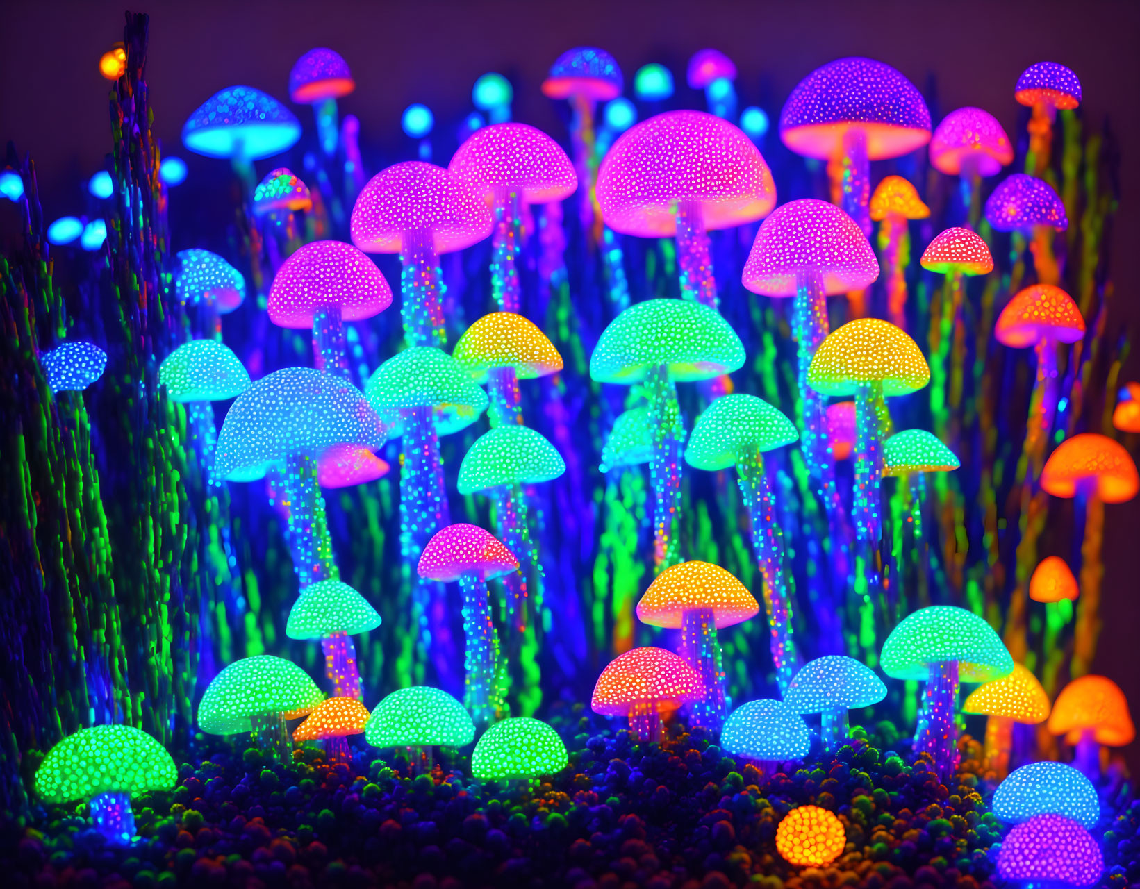 Vibrant artificial mushrooms with glowing fiber optics in neon-lit scene