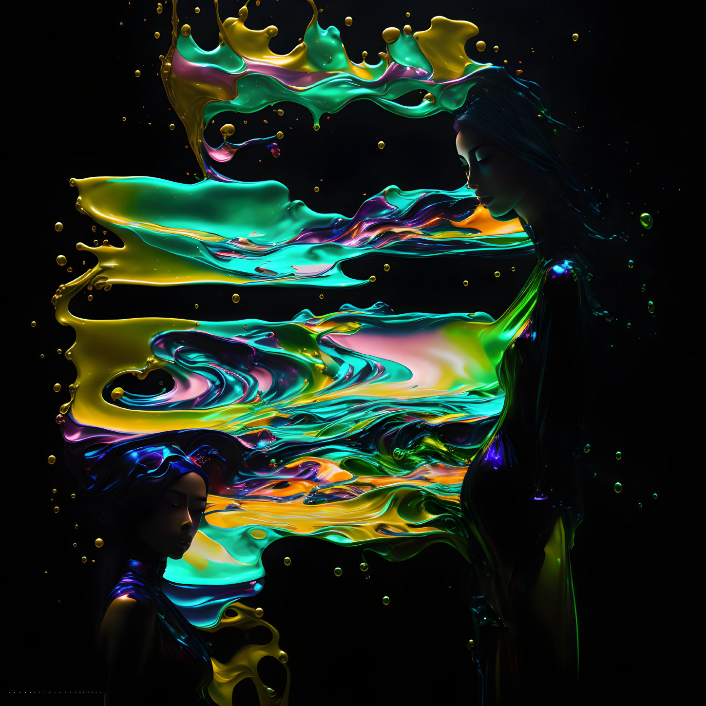 Silhouetted woman with vibrant liquid swirls on dark background