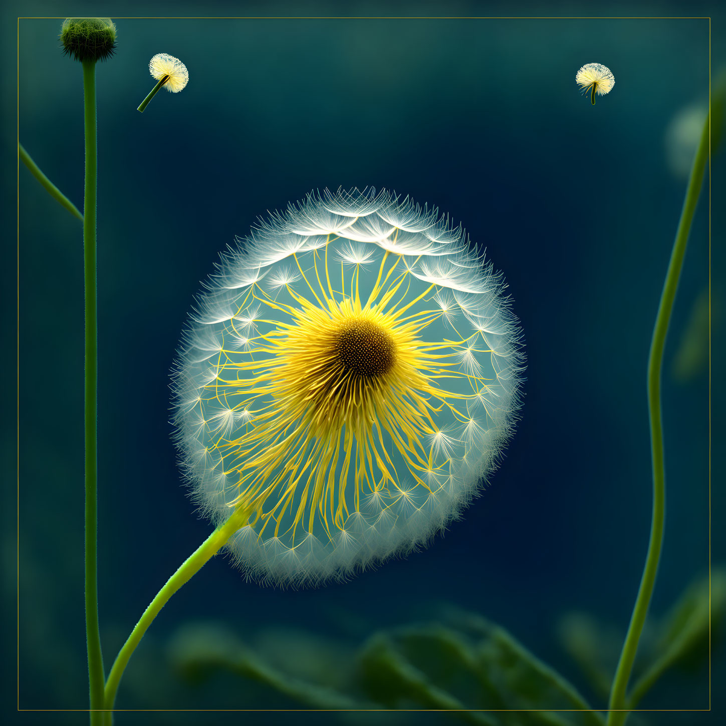 Dandelion seed head dispersing on blue background