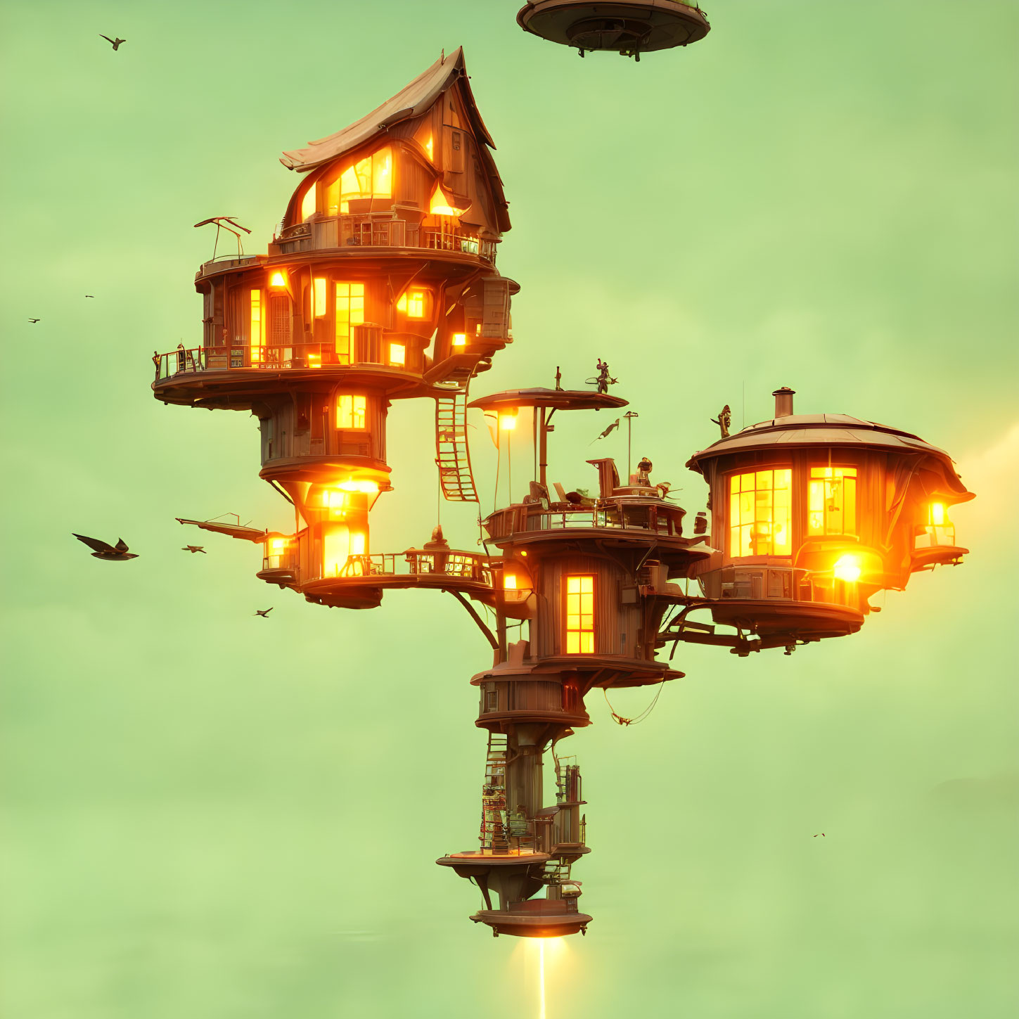 Floating treehouse with glowing windows under twilight sky and whimsical surroundings.