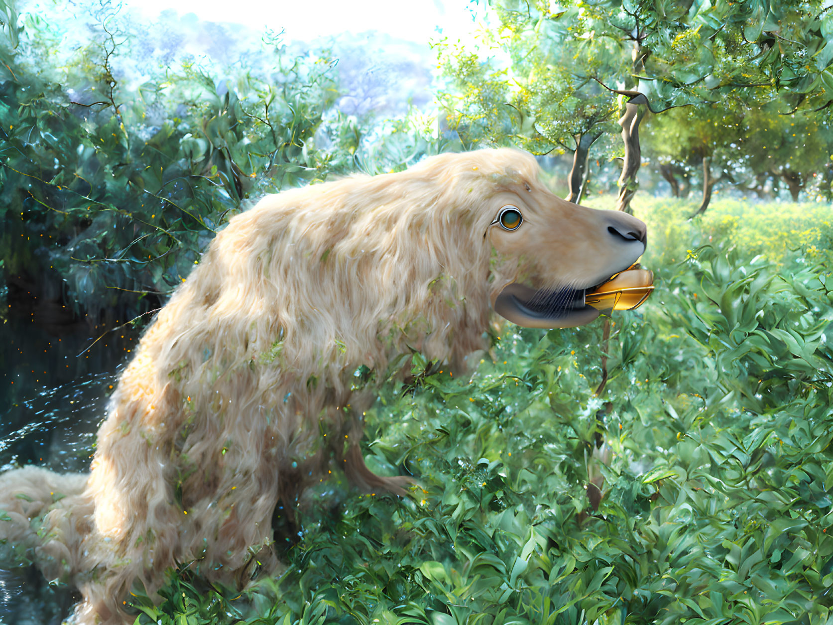 Golden retriever picking apple in sunlit orchard.