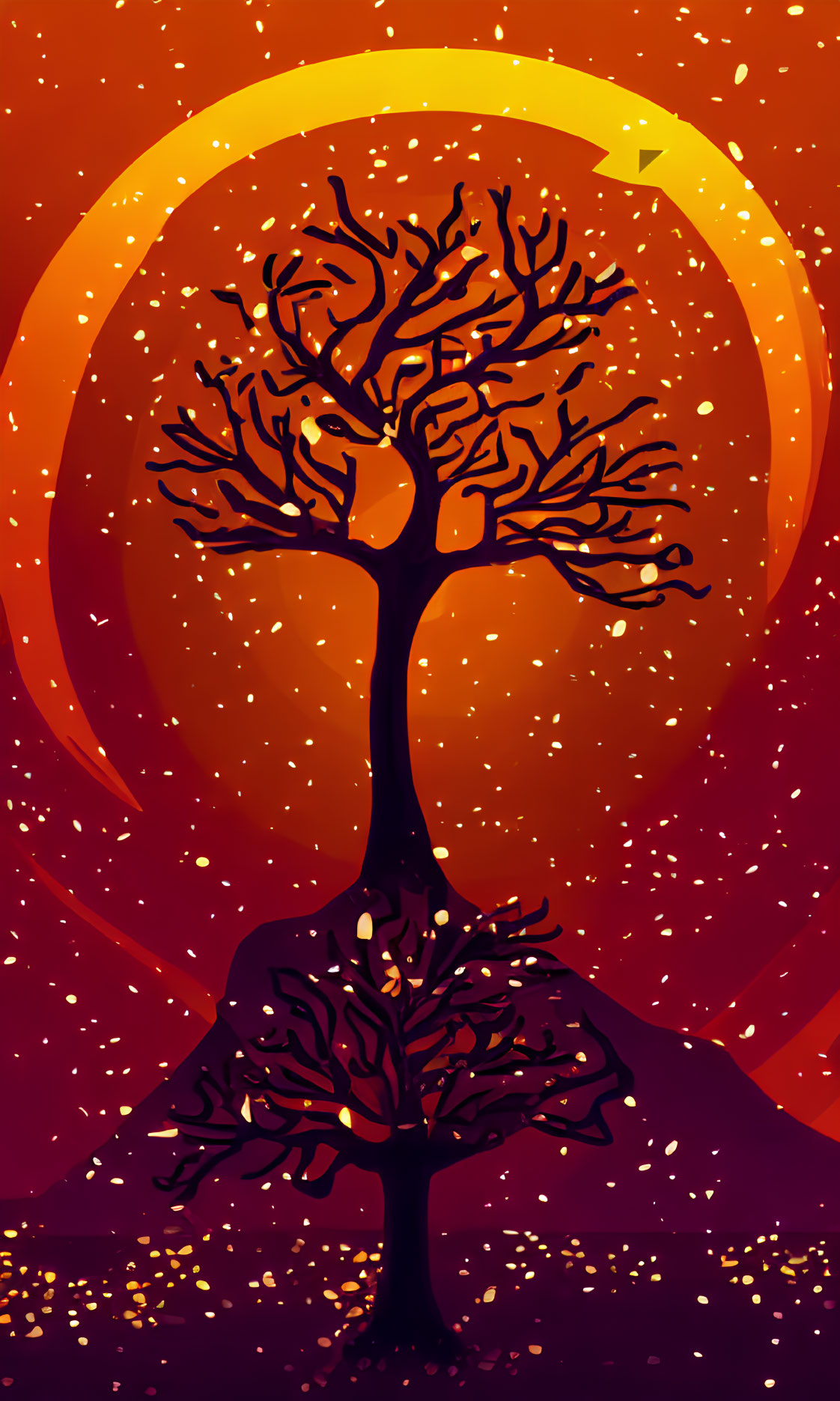 Illustration of leafless tree against red-orange backdrop with scattered dots.