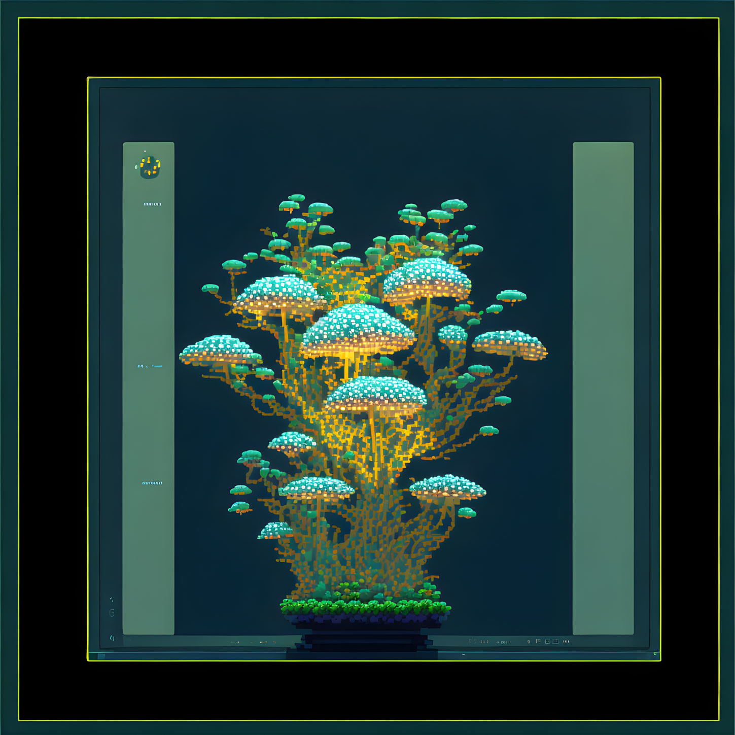 Stylized tree with blue mushroom canopies on dark background in double border