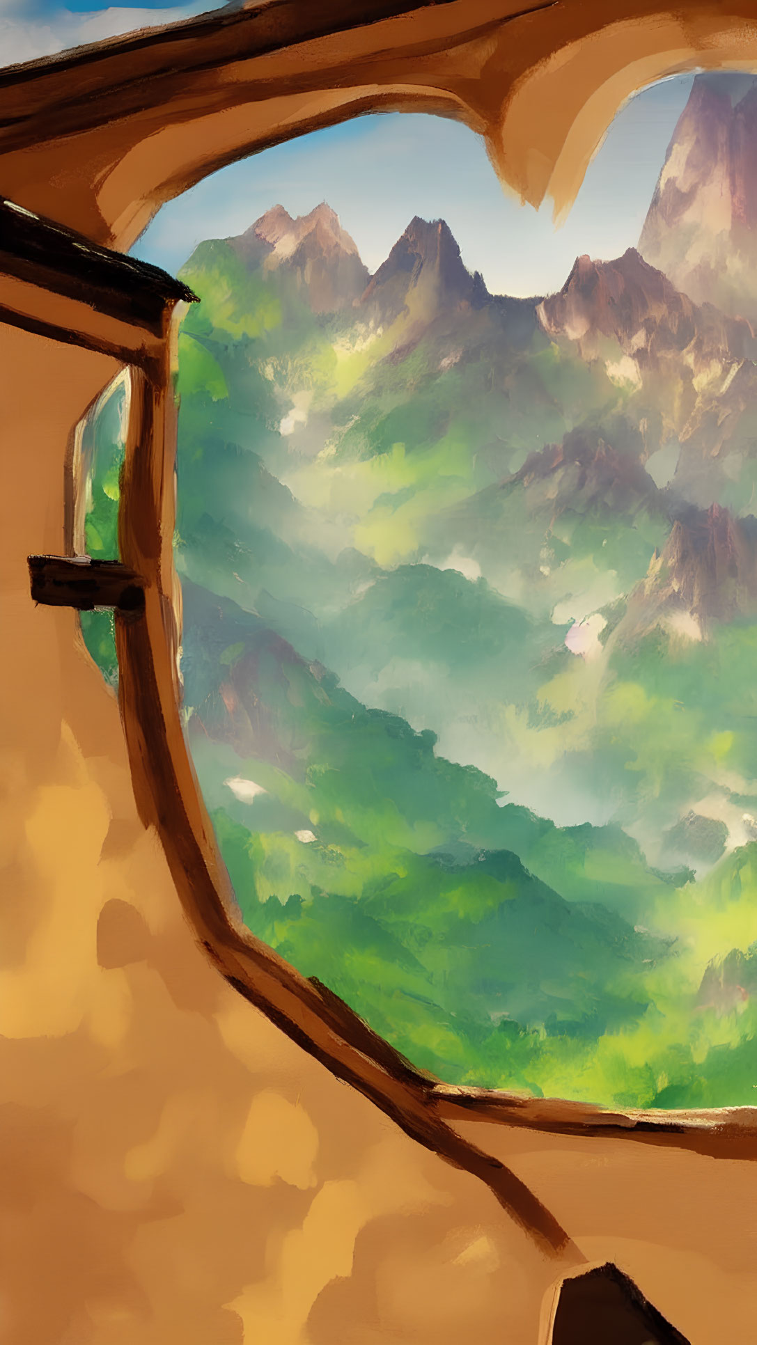 Rustic building window frames lush mountain landscape.