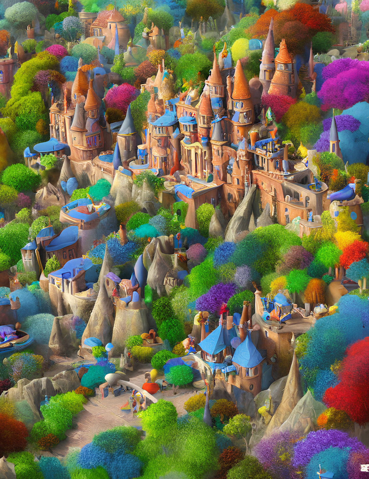 Colorful Fairy Tale Landscape with Whimsical Castles and Tiny Figures