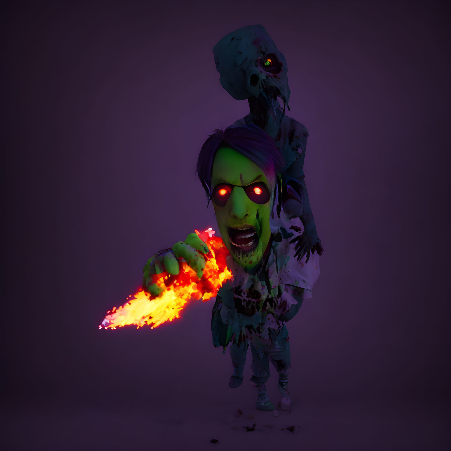 Stylized zombies with flaming eyes and purple backdrop