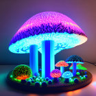 Vibrant artificial mushrooms with glowing fiber optics in neon-lit scene