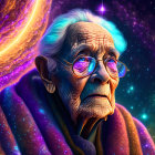 Detailed digital portrait: Elderly alien with cosmic backdrop