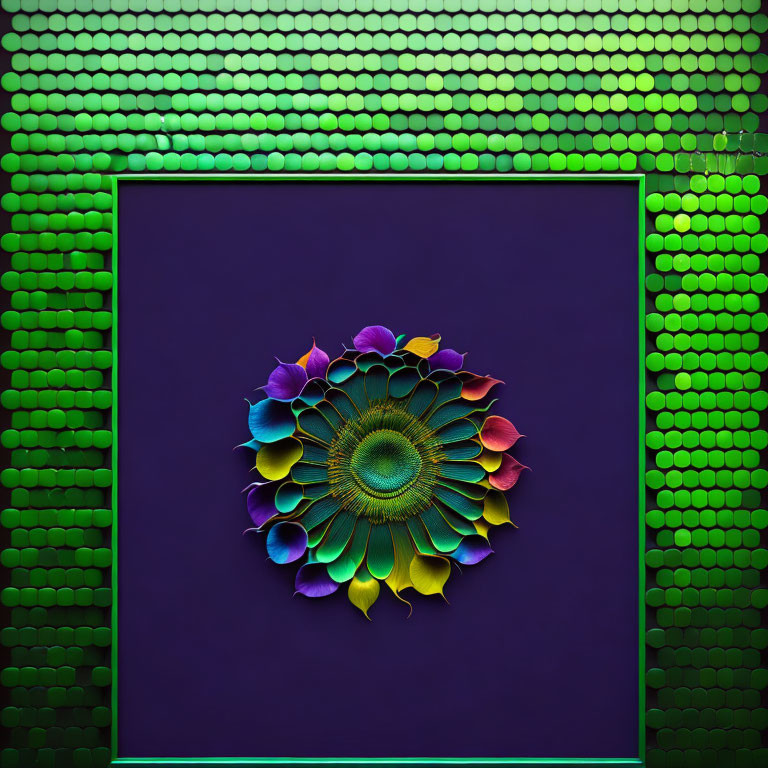 Metallic Flower Sculpture with Iridescent Petals on Purple Square Backdrop