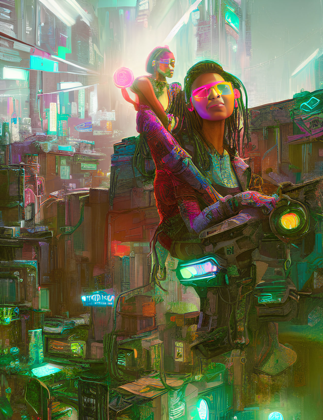 Futuristic attire in neon-lit cyberpunk cityscape