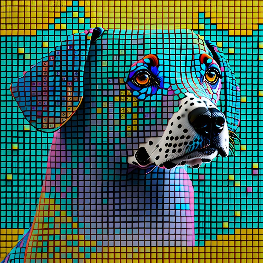 Vibrant Dalmatian dog mosaic with intricate patterns on checkered backdrop