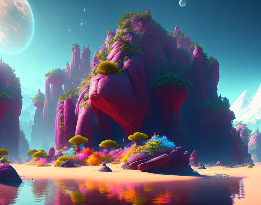 Colorful alien landscape with rock formations, exotic flora, and serene waterbody