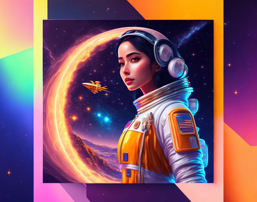 Woman astronaut digital artwork with cosmic background: mountains, spacecraft, vibrant celestial bodies