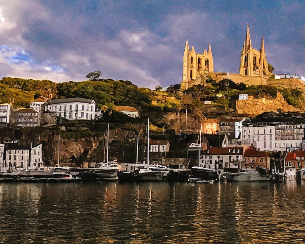 Scenic coastal town with cathedral, white buildings, and boats at sunset