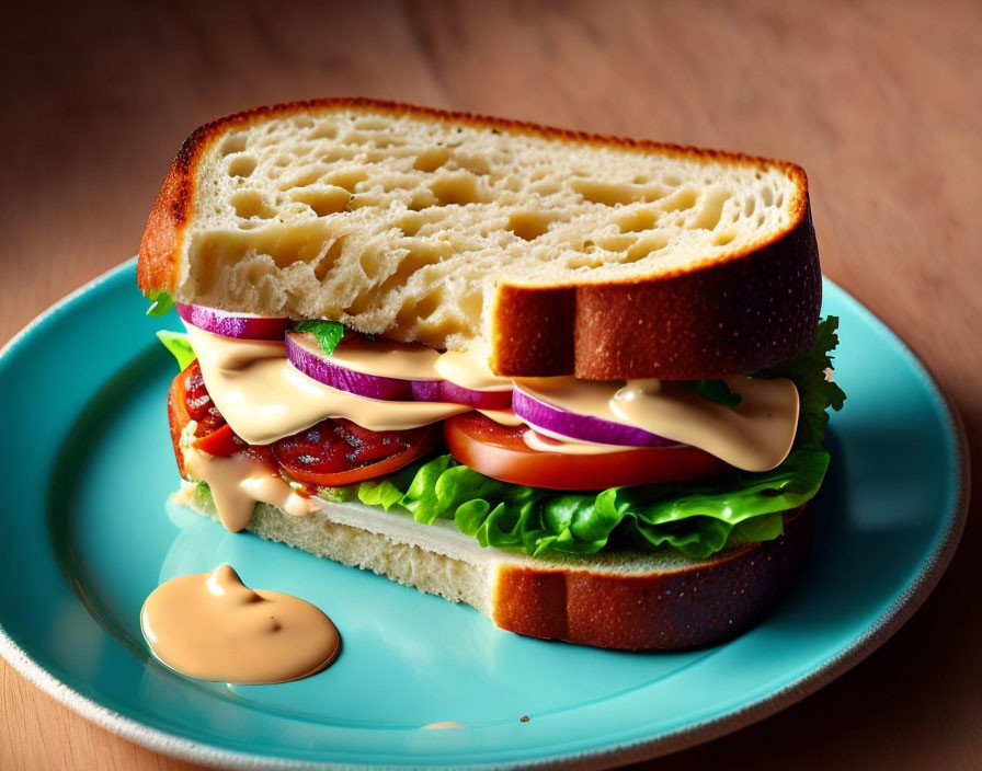 Sandwich with lettuce, tomato, red onion, cheese, and sauce on blue plate