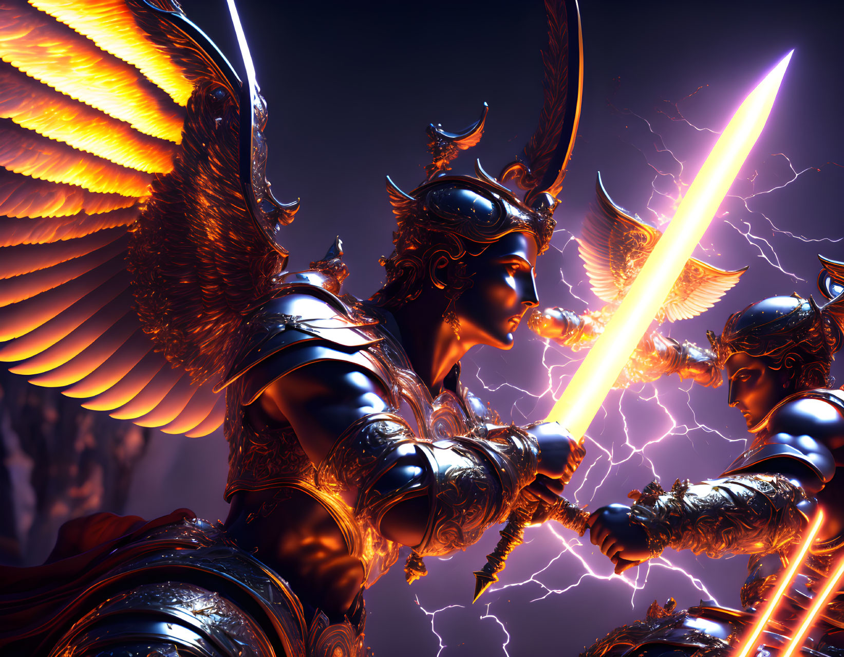 Armored angelic figures clash with glowing swords in lightning backdrop