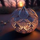 Patterned spherical lamp glowing at dusk with silhouetted trees against sunset