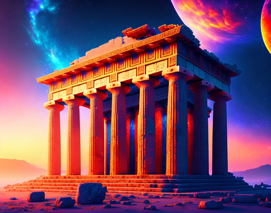 Digital artwork: Ancient temple with columns under starry sky