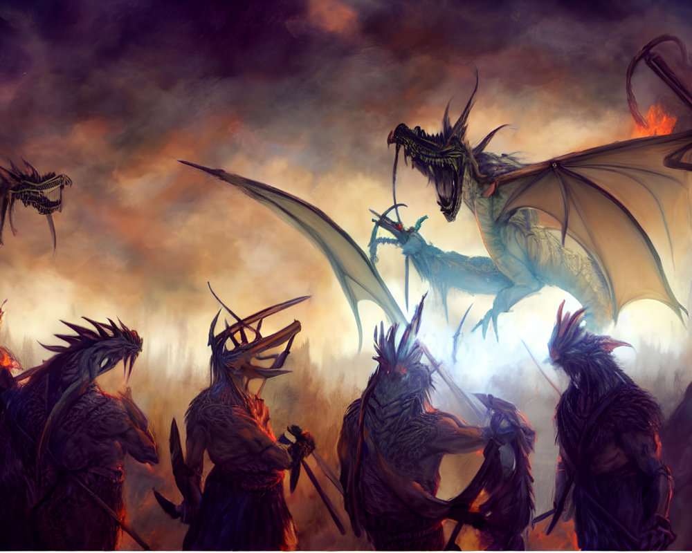 Fearsome dragons in epic fantasy scene with fiery sky