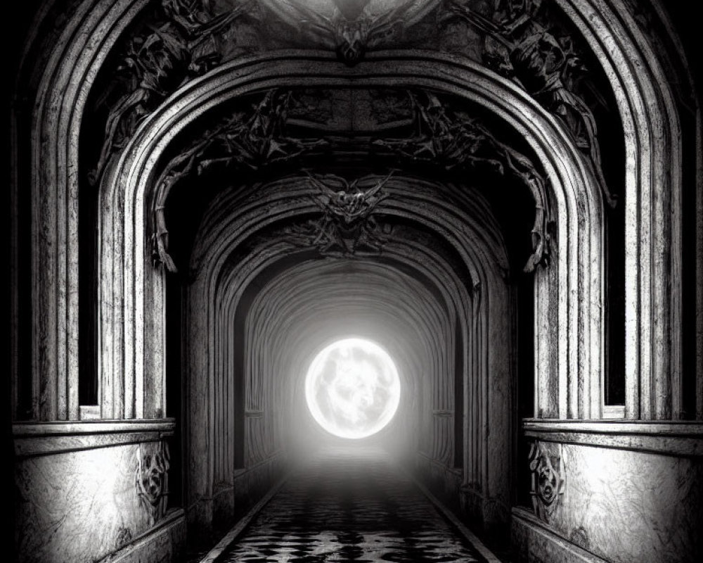 Monochrome image of ornate corridor with checkerboard floor and full moon