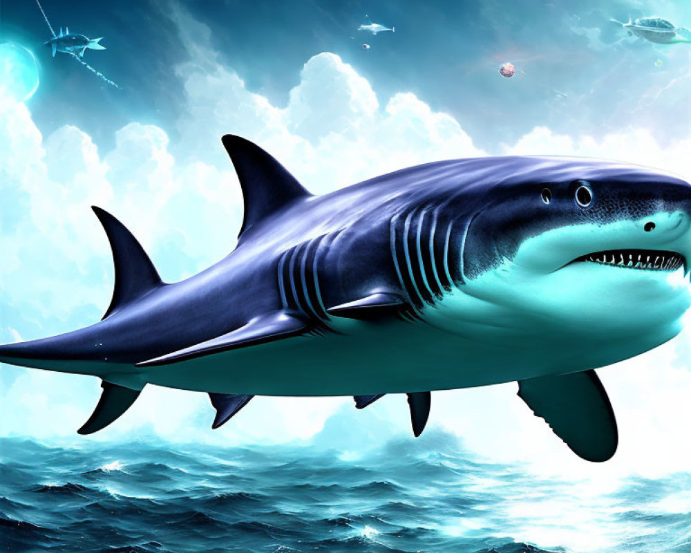 Digital artwork: Shark in futuristic underwater scene with submarines & space-like backdrop