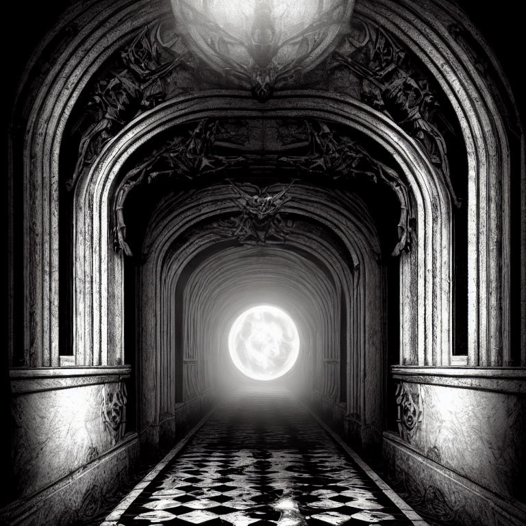 Monochrome image of ornate corridor with checkerboard floor and full moon