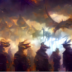 Fearsome dragons in epic fantasy scene with fiery sky