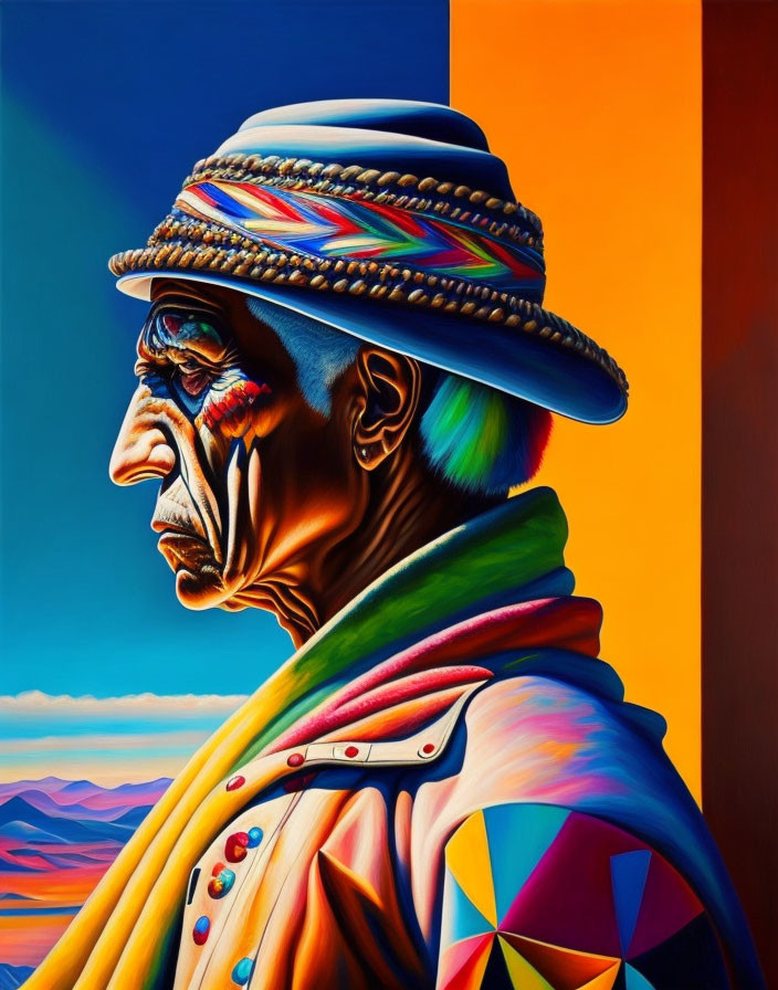 Colorful portrait of elderly man in profile with decorated hat and desert landscape.