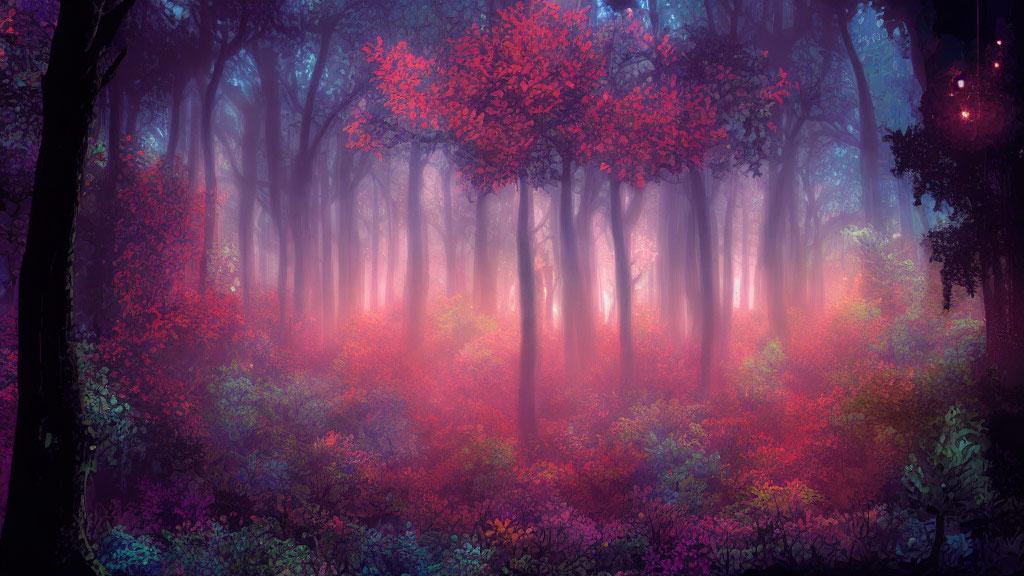 Mystical forest with purple and pink hues and rays of light filtering through dense trees