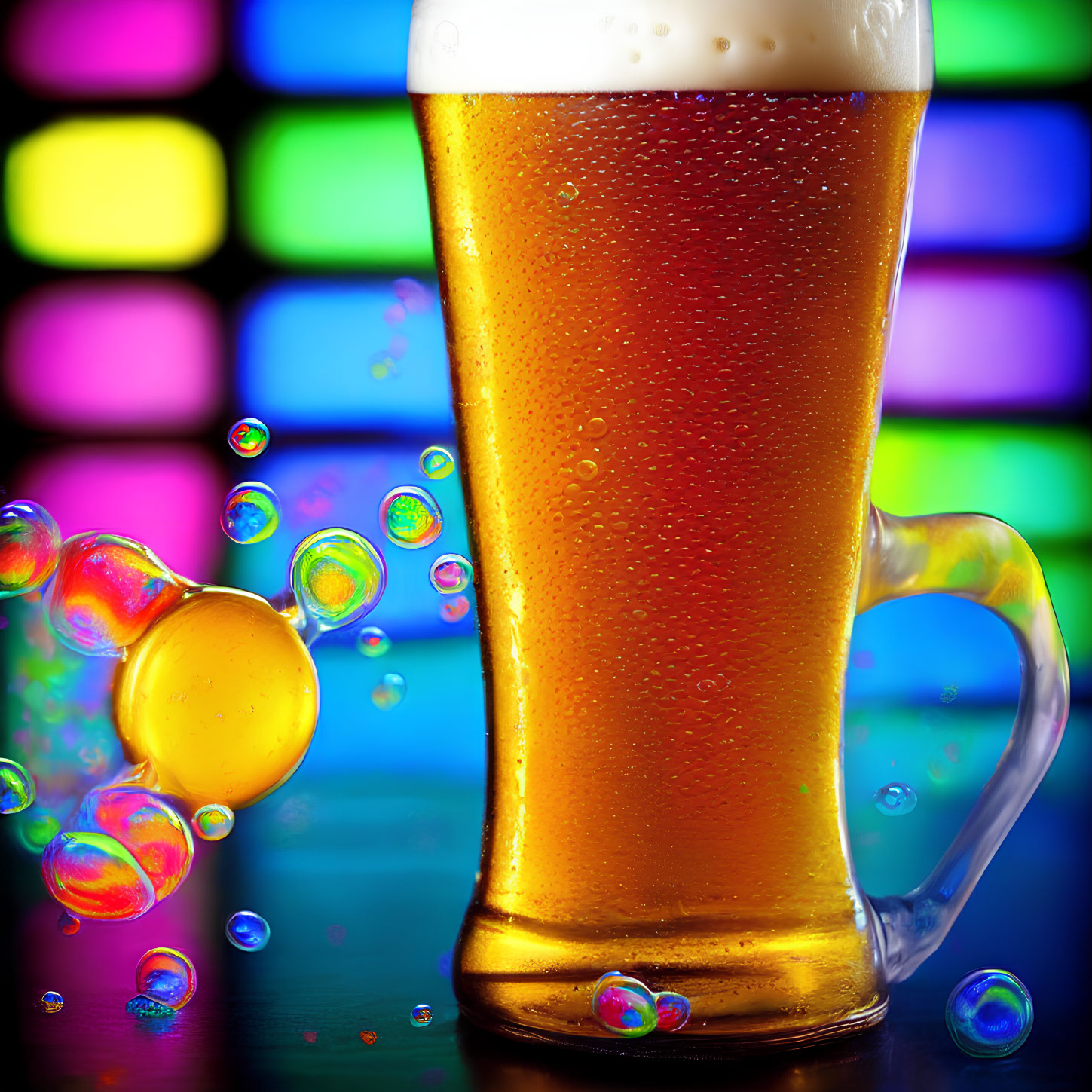 Refreshing Cold Beer in Bubbly Mug Against Colorful Backdrop