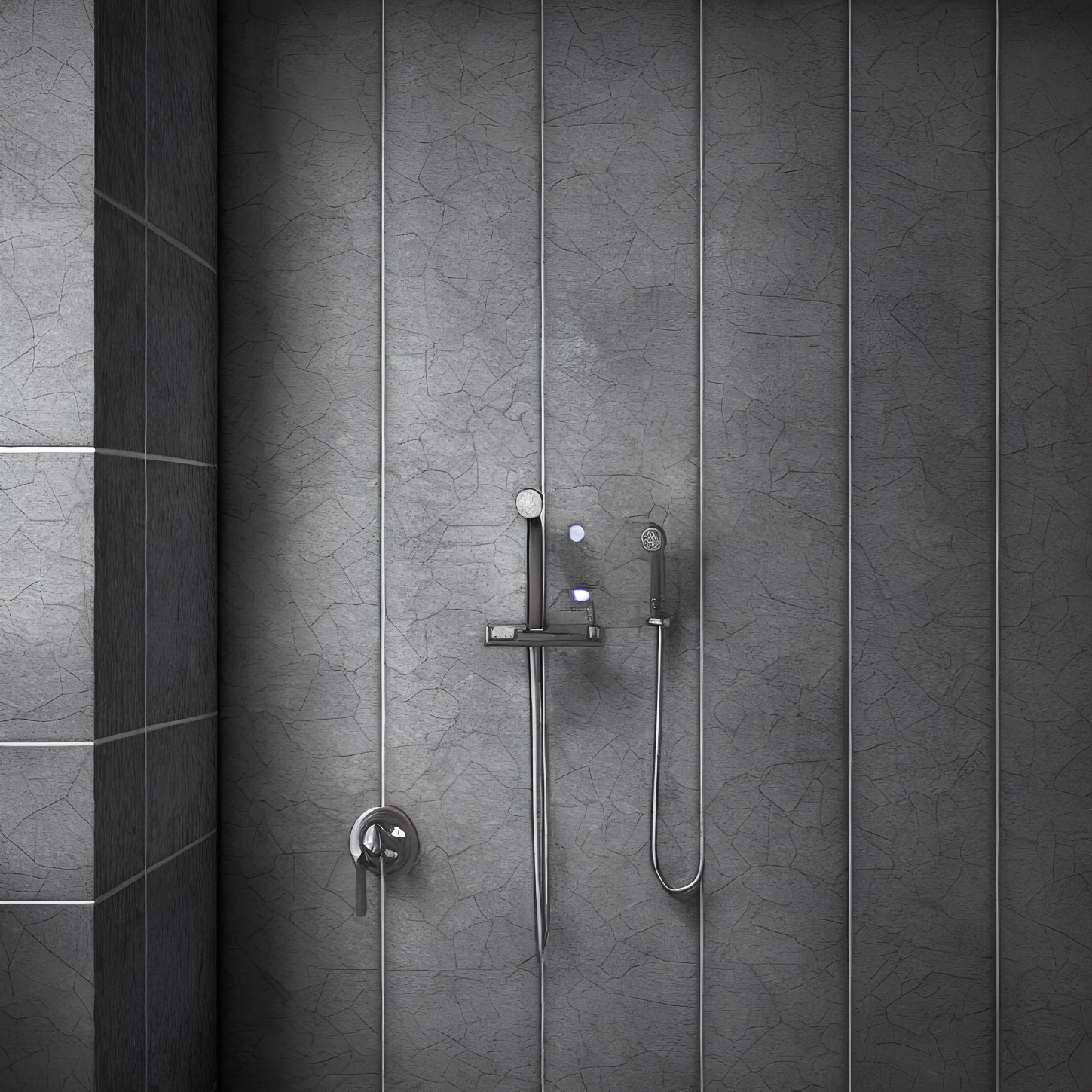 Rainfall showerhead and digital controls on dark tiled wall