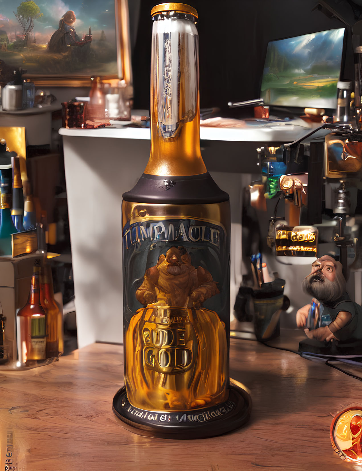 Fantasy-themed beer bottle with dwarf illustration and "Pinnacle of a God" label surrounded by gaming