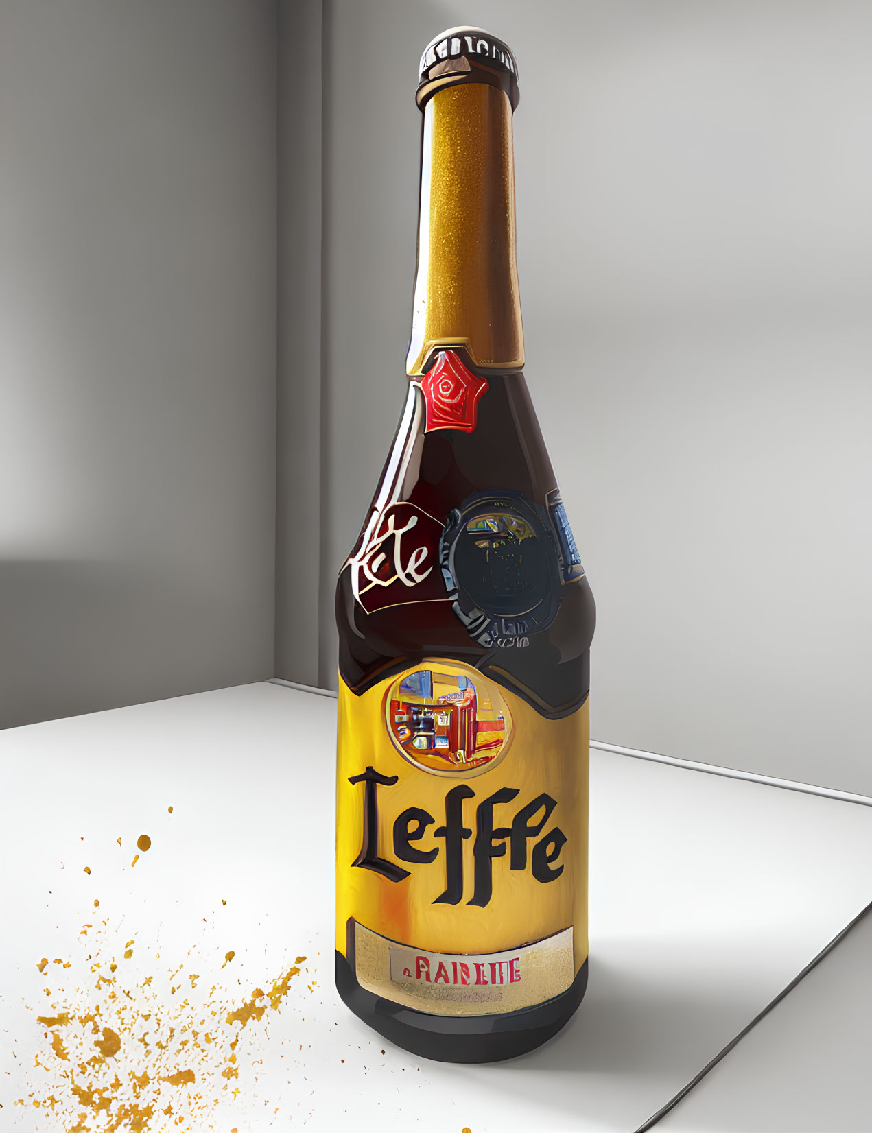 3D rendered image of Leffe beer bottle with seal on white surface