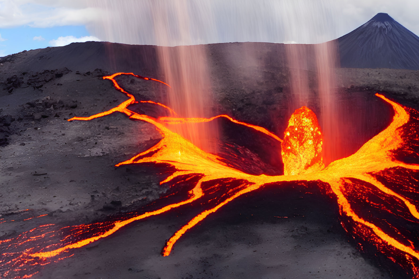 Volcanic eruption with lava flows and ash plume against dark cone and cloudy sky