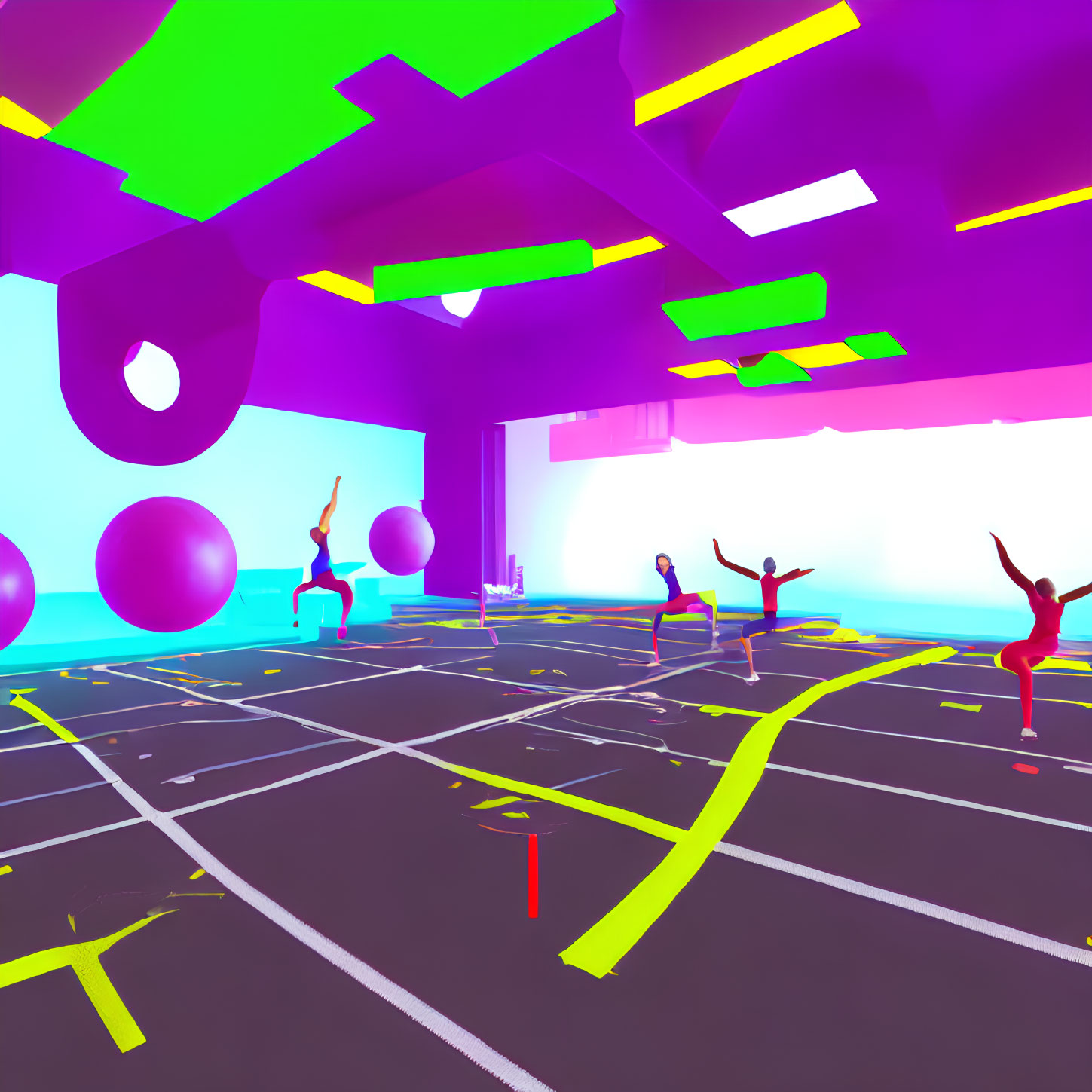 Colorful Virtual Reality Exercise Space with Yoga Avatars and Geometric Designs