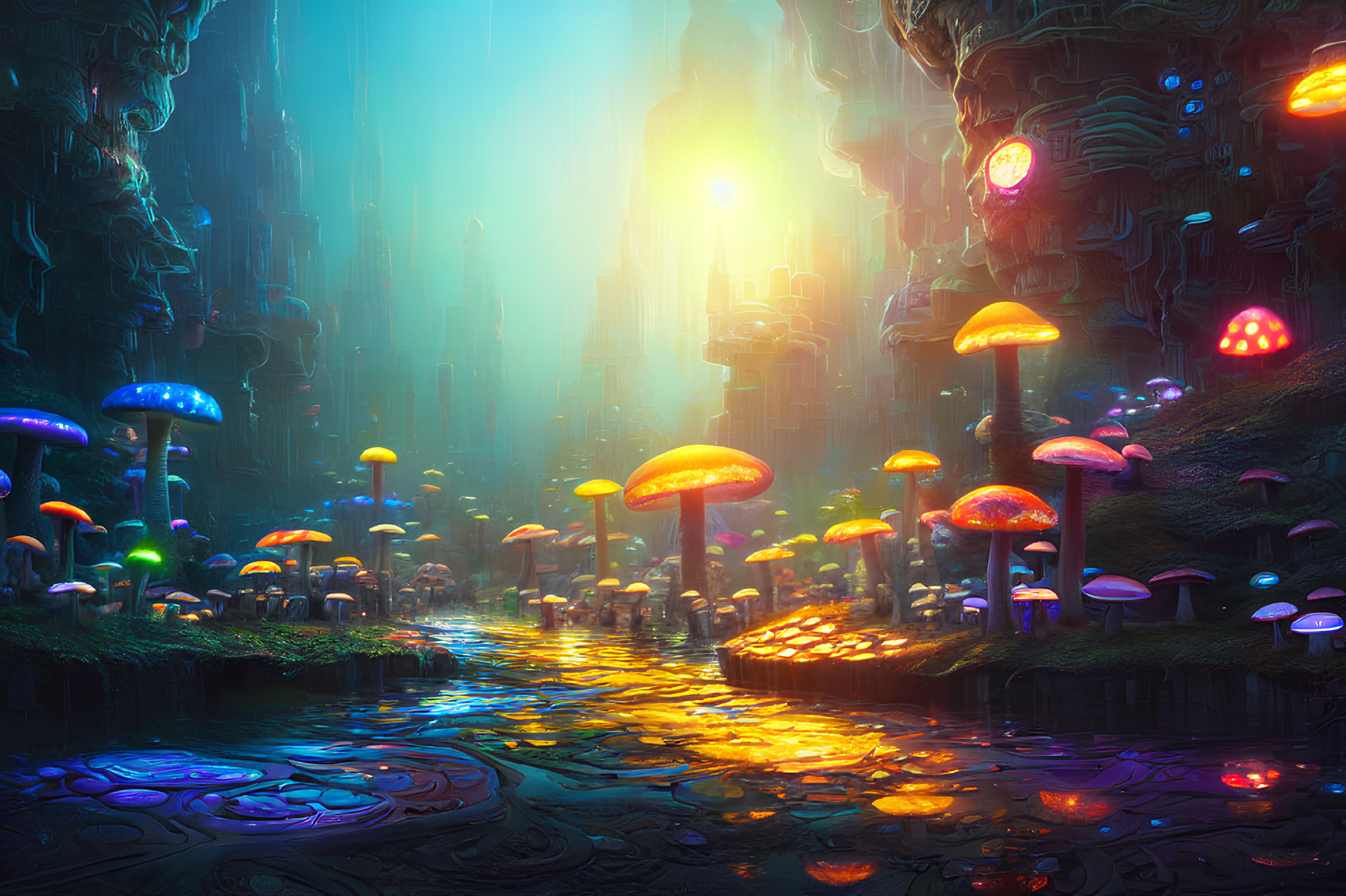 Fantastical mushroom forest with luminescent river and glowing organic architectures