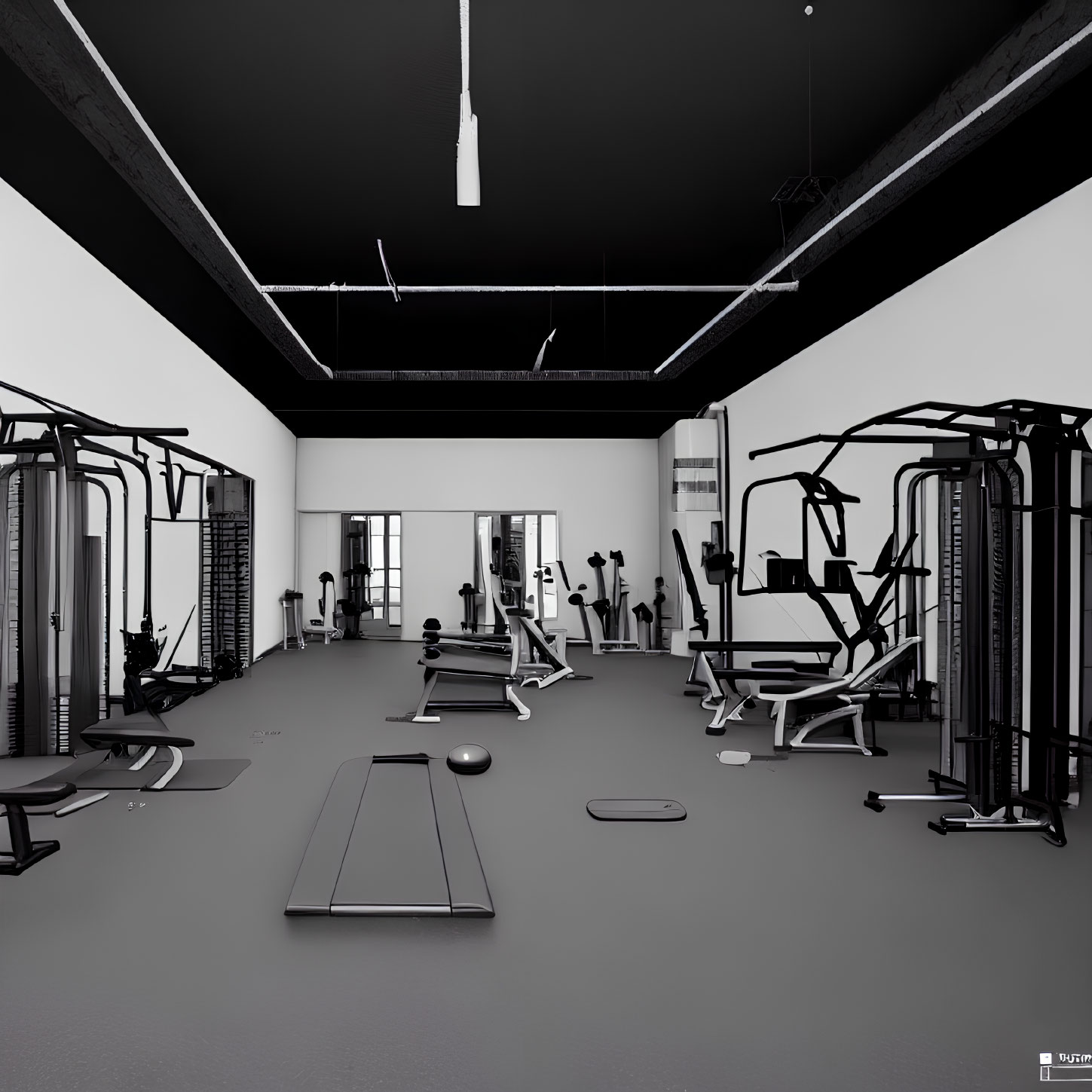 Monochrome Gym Interior with Exercise Machines and High Ceiling