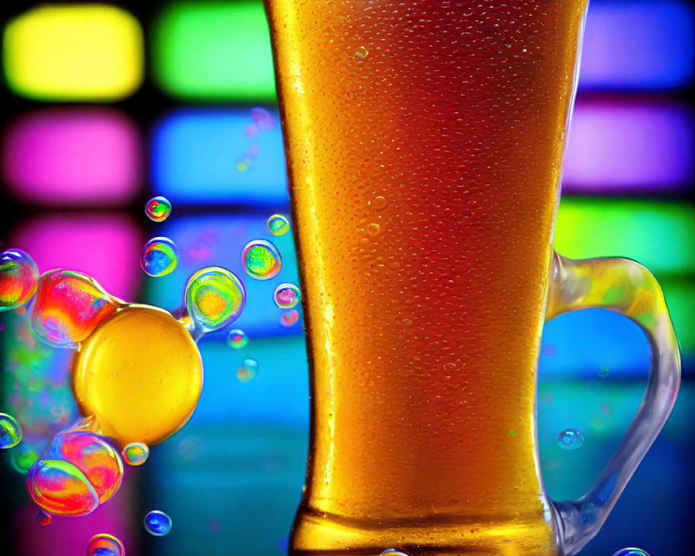 Refreshing Cold Beer in Bubbly Mug Against Colorful Backdrop