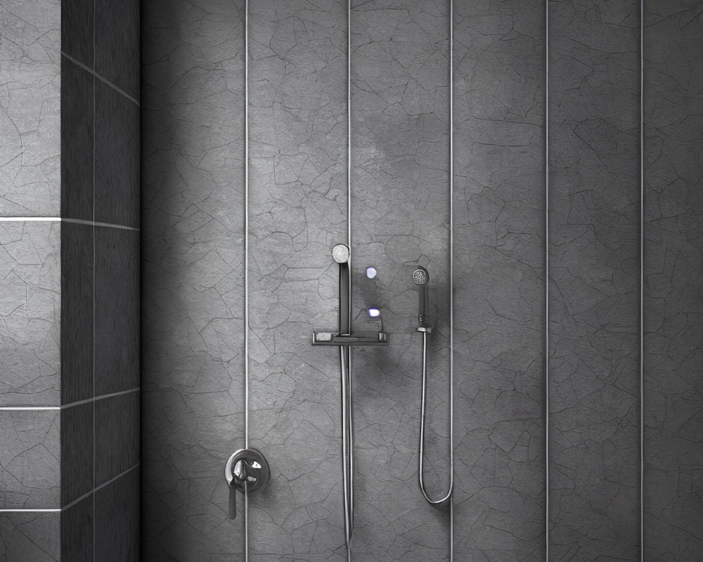 Rainfall showerhead and digital controls on dark tiled wall