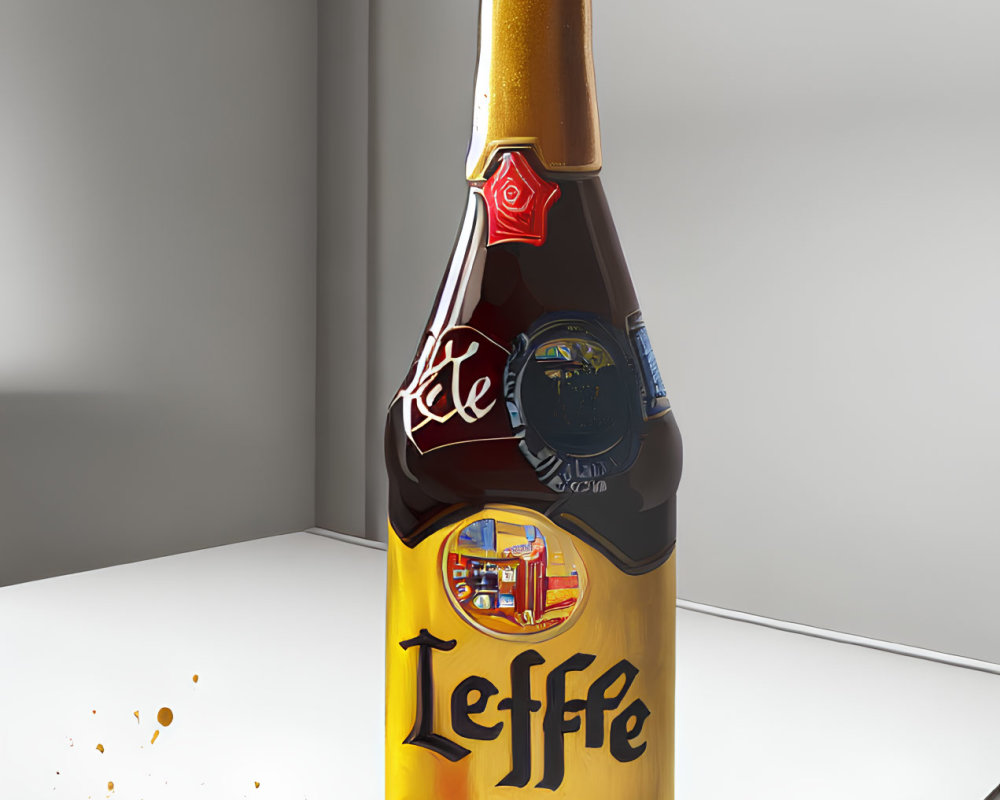 3D rendered image of Leffe beer bottle with seal on white surface