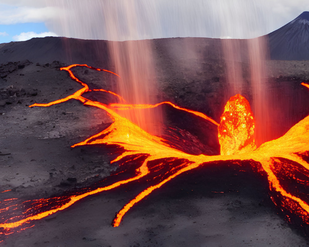 Volcanic eruption with lava flows and ash plume against dark cone and cloudy sky