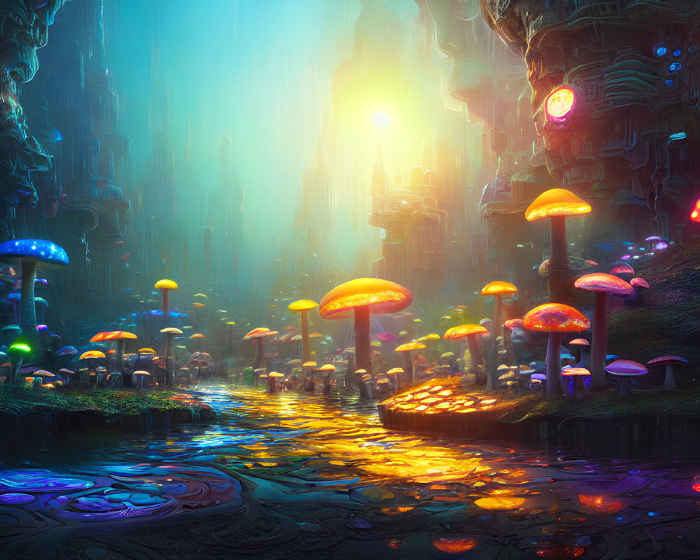 Fantastical mushroom forest with luminescent river and glowing organic architectures