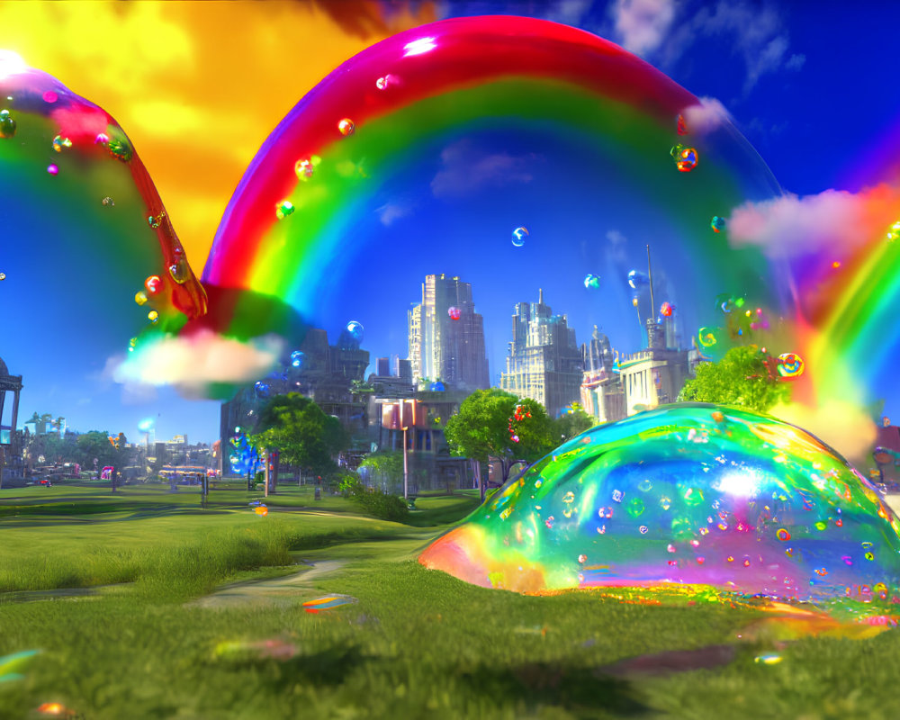 Colorful cityscape with giant bubbles and rainbow in clear sky