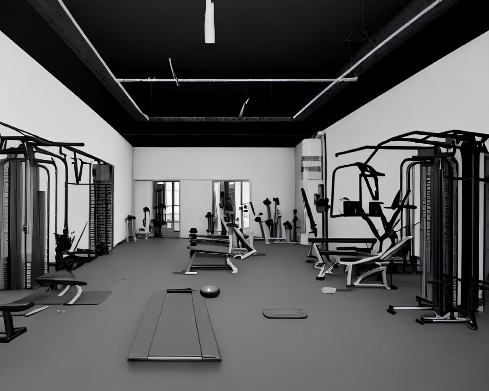 Monochrome Gym Interior with Exercise Machines and High Ceiling