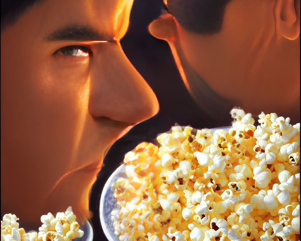 Two men in profile with bowl of popcorn on dark background