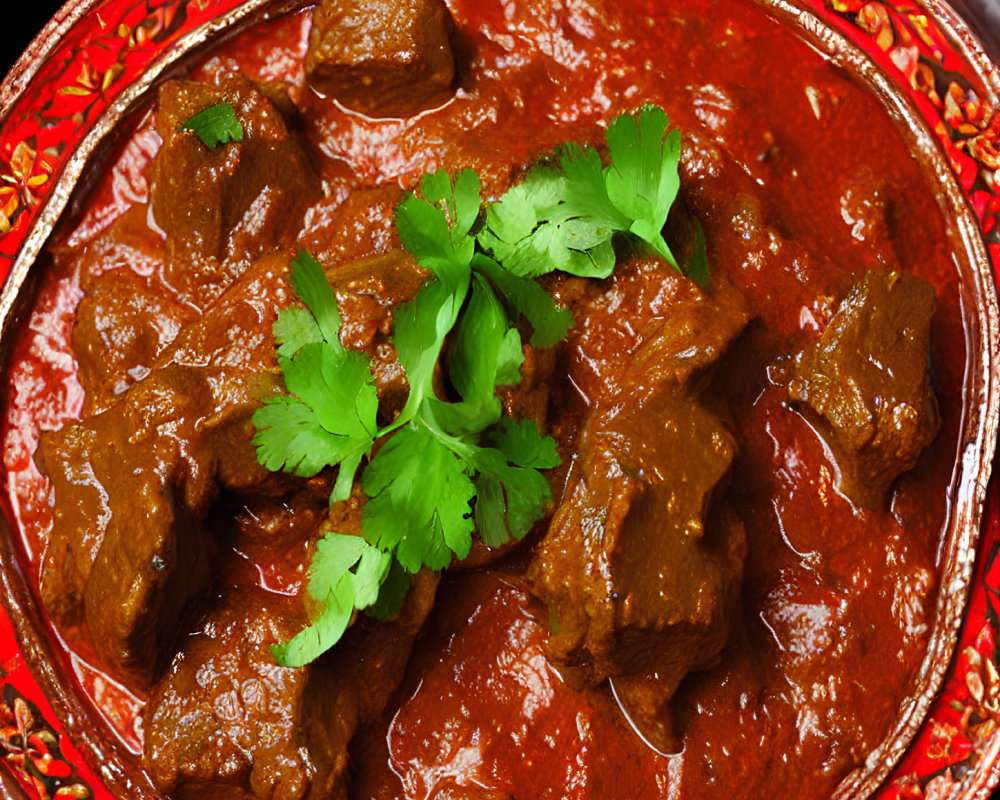 Savory red curry with meat chunks and cilantro in decorative dish